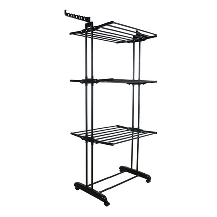 Cheqo® Inklapbaar Wasrek - Droogtoren - Kleding Droogrek - Staal en Kunststof - 75x64x178 cm - Met Wieltjes - Zwart