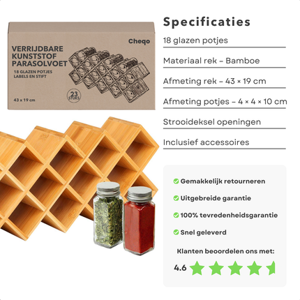 Cheqo® Bamboe Kruidenrek -  Kruidenpotjes Rek - Aanrecht Organizer - Kruidenrekje - 18 Glazen Potjes - Keukenorganizer met Labels en Stift