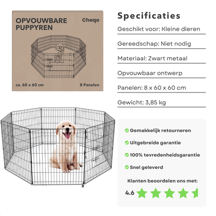Cheqo® Hondenren - Puppyren - Opvouwbaar - Zwart Metaal - Met Deur - Ren - Ook voor Konijnen en Cavia - Ideaal voor Kleine Honden