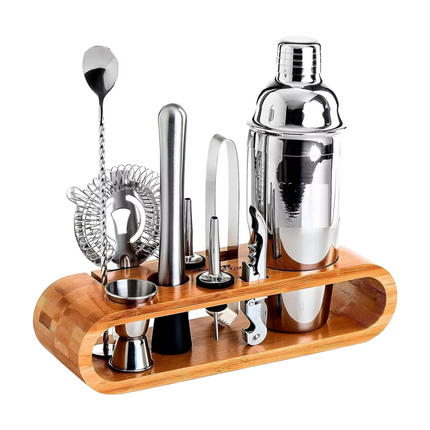 Cheqo® Luxe Cocktailset - Cocktail Shaker Set - Roestvrijstaal 750 ml - Inclusief Bamboe Standaard en Accessoires