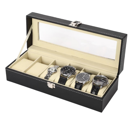 Cheqo® Horlogebox - Horlogedoos - Sieradendoos - Zwart - 6 Vakken - PU Leer - Transparant Venster - 30x11x8 cm