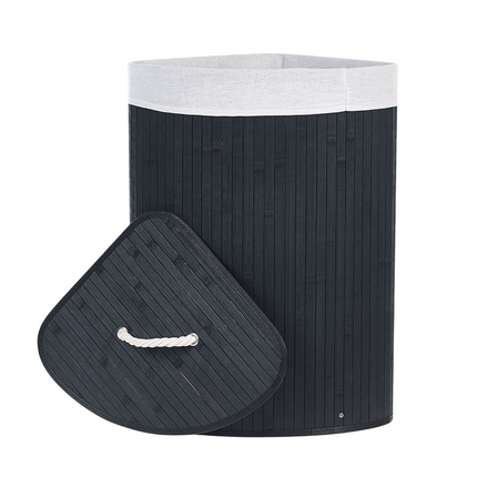 Cheqo® Bamboe Wasmand met Waszak - Hoekmodel - Wassorteerder Opvouwbaar 72L - Zwart - Met Deksel en Binnenzak
