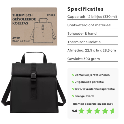 Cheqo® Koeltas Zwart - Picknicktas - Lunchtas - Thermisch Geïsoleerd - Lichtgewicht Reistas