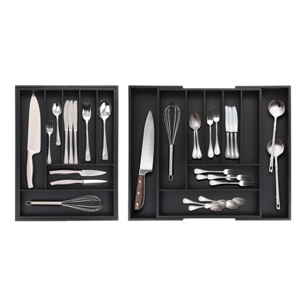 Cheqo® Uitschuifbare Bamboe Bestekbak - Besteklade - Keukenlade - Bestek Organizer - Verstelbare Keukenla Organizer - 33-52x43x5 cm - Zwart