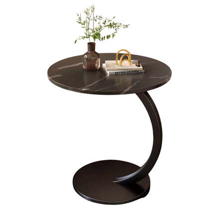 Cheqo® Zwarte Bijzettafel met Marmer - Salontafel - Ronde 40 cm - Gemarmerd Tafelblad - Metaal Frame - Moderne Sidetable
