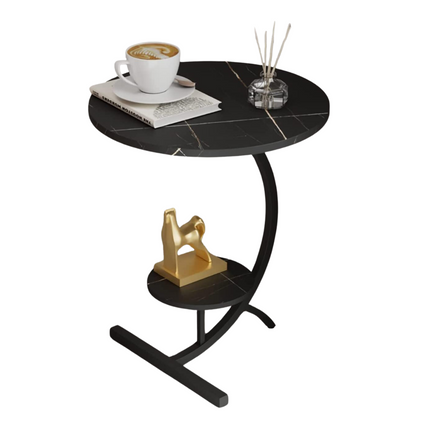Cheqo® Zwart Bijzettafel met Marmer - Salontafel - Dubbel Tafelblad - Metalen Frame - 63 cm Hoog - MDF