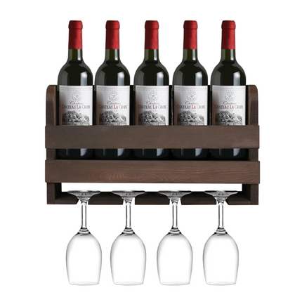 Cheqo® Houten Wijnrek Wandmontage - Flessenrek - Wijnflesrek - Wijnflessen Rek Voor 4 Flessen en Glazen - Glazenhouder - Hout - Compact Design