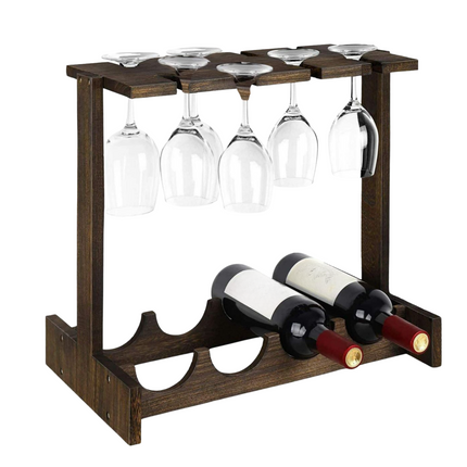 Cheqo® Wijnrek Hout - Ophangrek Wijnglazen - Glazenrek - Flessenrek Voor 4 Flessen met Glashouder - Wijnflessen Rek - Wijnflesrek - Paulownia Hout