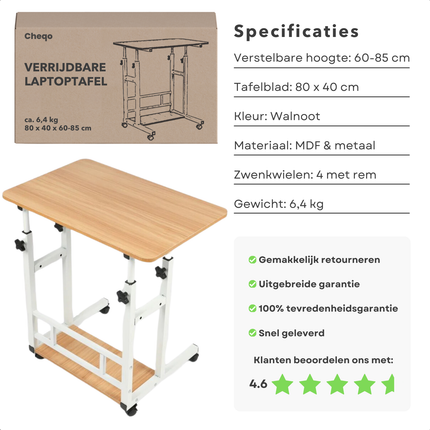 Cheqo® Verrijdbare Laptoptafel - Verrijdbaar Bureau - Computertafel - Laptop Standaard - Verstelbare Bedtafel - Banktafel - Bijzettafel - Laptop Tafel