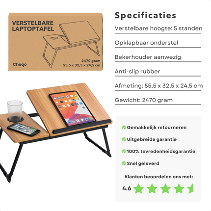 Cheqo® Verstelbare Laptoptafel - Ontbijt op Bed Tafel - Ontbijttafel - Laptopstandaard - Schoottafel - Opklapbare Bedtafel met Bekerhouder - MDF Walnoot