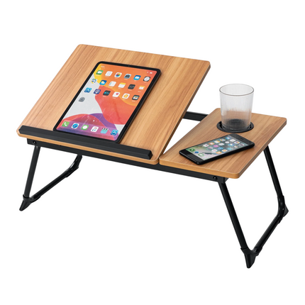 Cheqo® Verstelbare Laptoptafel - Ontbijt op Bed Tafel - Ontbijttafel - Laptopstandaard - Schoottafel - Opklapbare Bedtafel met Bekerhouder - MDF Walnoot