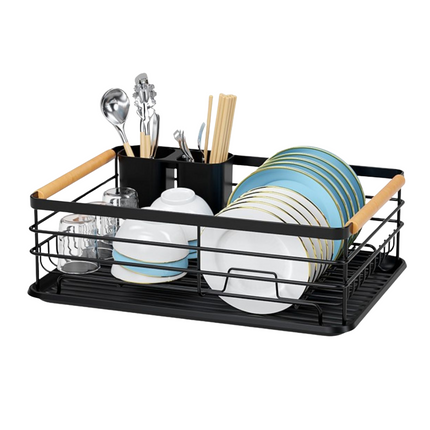 Cheqo® Metalen Afwasrek - Afdruiprek - Vaatdroger - Zwart - Vaatwasrek - Keukenrek - Met Lekbak en Bestekhouder