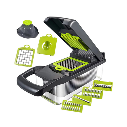 Cheqo® Groentesnijder RVS - Mandoline Keukenhulp - Uiensnijder - Spiraalsnijder - 16-Delig - Met Opvangbak en Dunschiller