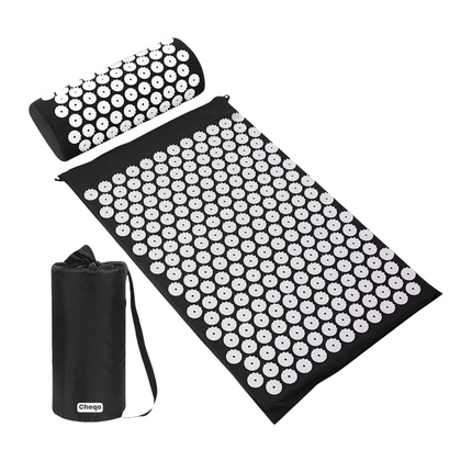 Cheqo® Acupressuur Mat en Kussen Set - Shakti Mat - Acupressuurmat met Kussen - Spijkermat - Ontspanning en Rugpijnverlichting - Katoen - Zwart/Wit
