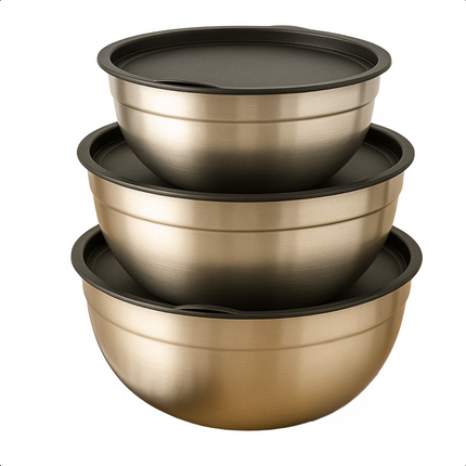 Cheqo® RVS Mengkommen Set - Mixkom - Beslagkommen Set - Mengkom Set - Beslagkom Stapelbaar en Met Deksel - 3-delig - RVS