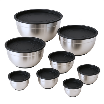 Cheqo® RVS Mengkommen Set - Beslagkommen Set - Mixkom - Kommen Stapelbaar en Met Deksel - 8-delige RVS Beslagkommen