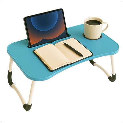 Cheqo® Opklapbare Laptoptafel - Ontbijt op Bed Tafel - Bedtafel met Tablethouder - Bank Tafeltje - Ontbijttafeltje - Banktafel - Blauw