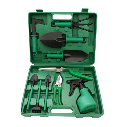 Cheqo® Tuingereedschap Set - Tuingereedschap Set - Snoeischaar- Tuinset - Snoeischaar - Tuinieren - Complete 10-Delige Set met Opbergkoffer - Inclusief Plantenspuit