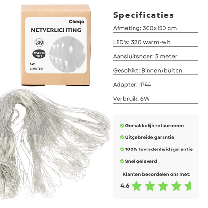 Cheqo® Netverlichting LED - Lichtgordijn - Lichtnet voor Buiten - Kerstverlichting - Kerstlampjes - Warm Wit 320 Lampjes - 300x150 cm - Buitenverlichting IP44