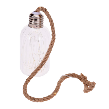 Cheqo® Glazen Lamp Met 20 LED - Kerstverlichting - Warm Wit - Jute Touw - 17.5 cm Hoog - Industriële Verlichting