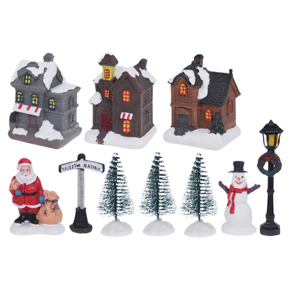 Cheqo® Kerstdorp Set - Kersttafereel - Verlichte Kersthuisjes - Kerst Decoratie - 10-Delig - Werkt op Batterijen