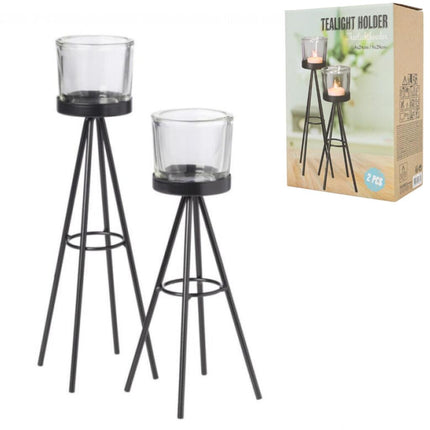 Overige Merken Theelichthouders 24+28 Cm Metaal/Glas/Zwart 2 Stuks