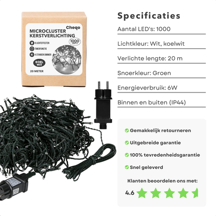 Cheqo® Microcluster Kerstverlichting - Kerstlampjes - Kerstboomverlichting - 1000 LED - 20M - Buiten & Binnen - Timer & Geheugen