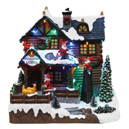 Cheqo® Kersthuisje Polyresin - Kersthuis - Kerstdecoratie Huisje - Kersttafereel - Kerstdorp Huis - Verlicht en Muziek -Draaiende Rendieren