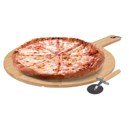Cheqo® Bamboe Pizzaplank Met Snijder - Serveerplank - Pizza Plank  - Luxe Pizzabord - Serveerschaal - Tapasplank - Hapjes - Duurzaam en Stijlvol