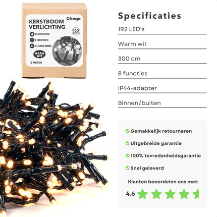 Cheqo® Kerstverlichting - Kerstlampjes - Kerstboomverlichting - LED - Warm Wit - 192 LED's - Timer Functie - Buiten & Binnen