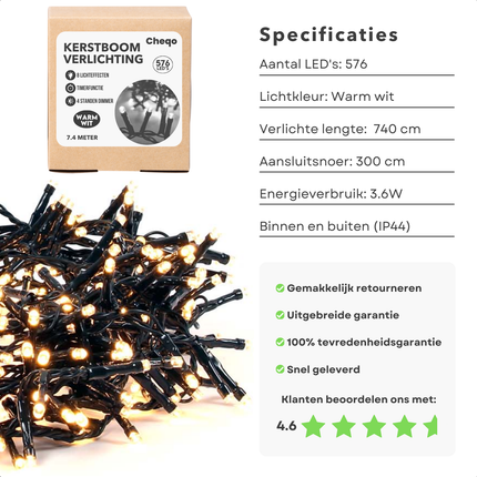 Cheqo® Kerstverlichting - Kerstlampjes - Kerstboomverlichting - LED - Warm Wit - 576 LED's - 740 cm - Timerfunctie