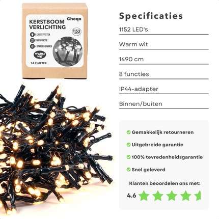 Cheqo® Kerstverlichting - Kerstlampjes - Kerstboomverlichting - LED - Warm Wit - 1152 LED's - 1490 cm - Met Timer