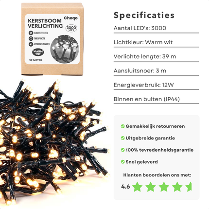 Cheqo® Kerstverlichting - Kerstlampjes - Kerstboomverlichting voor Buiten - LED - Warm Wit - 3900 cm - Buitenverlichting met Timer