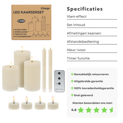Cheqo® LED Kaarsenset - Led Kaarsen met Afstandsbediening - Dinerkaars - Waxinelicht - Led Kaars met Flikkerende Vlam - Beweegbare Vlam - 9-Delig Met Afstandsbediening - Ivoor Wax