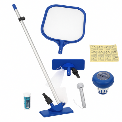 Cheqo® Zwembad Onderhoud Set - Schepnet, Steel, Vuilzuiger, Drijver, Thermometer, 50 Teststrips, 9 Reparatieplakkers - Geschikt voor Zwembaden tot 3.90m - Zwembad Schoonmaakst