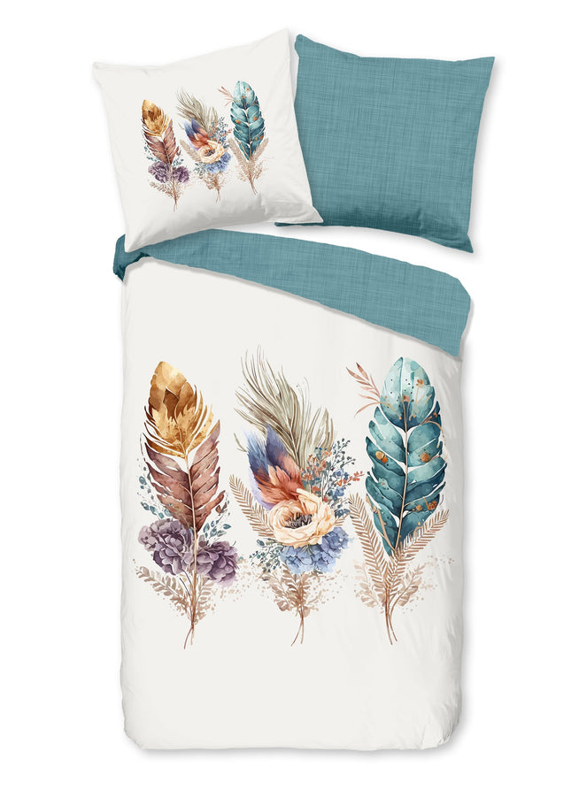 Cheqo® Dekbedovertrek 135x200 cm - Veer Print - Multi - 1 Persoons - 100% Katoen - Oeko-Tex Gecertificeerd