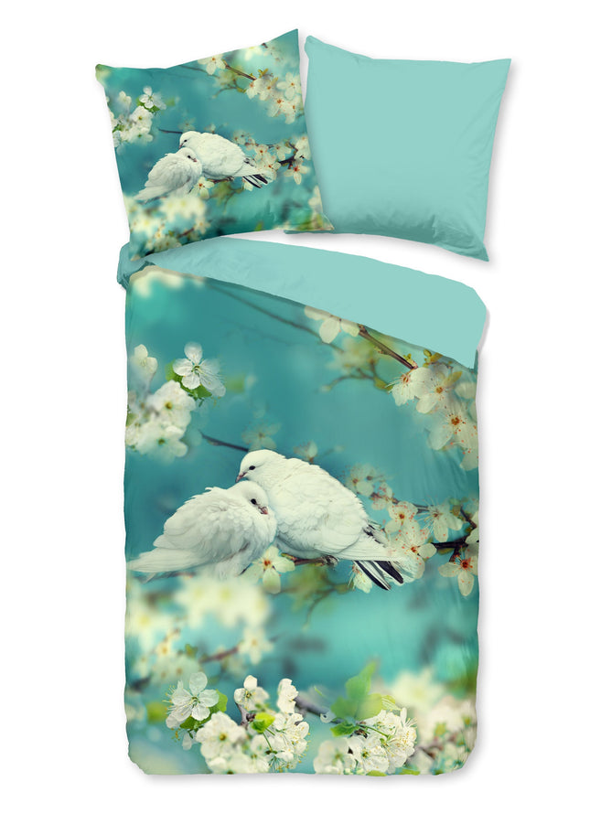 Cheqo® Dekbedovertrek 135x200 cm - Witte Duiven en Bloesem Print - Aqua - 1 Persoons - 100% Katoen - Oeko-Tex Gecertificeerd