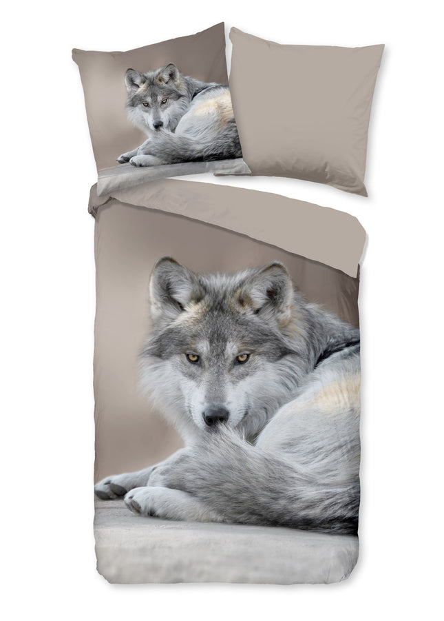 Cheqo® Dekbedovertrek 135x200 cm - Wolf Print - Taupe - 1 Persoons - Microfiber - Oeko-Tex Gecertificeerd