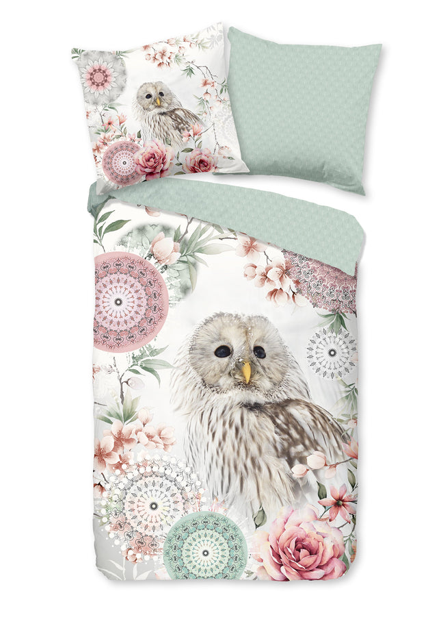 Cheqo® Dekbedovertrek 140x200 cm - Uil en Bloemen Print - Wit/Roze/Groen - 1 Persoons - 100% Katoen-Flanel