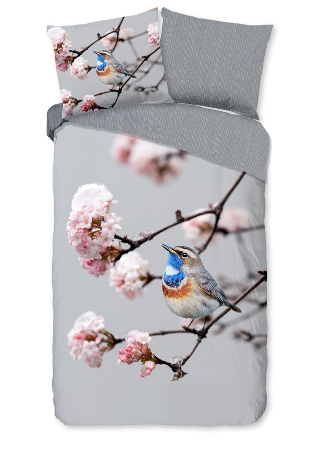 Cheqo® Dekbedovertrek 140x200/220 cm - Blauwborst Vogel en Bloesem Print - Grijs - 1 Persoons - Microfiber