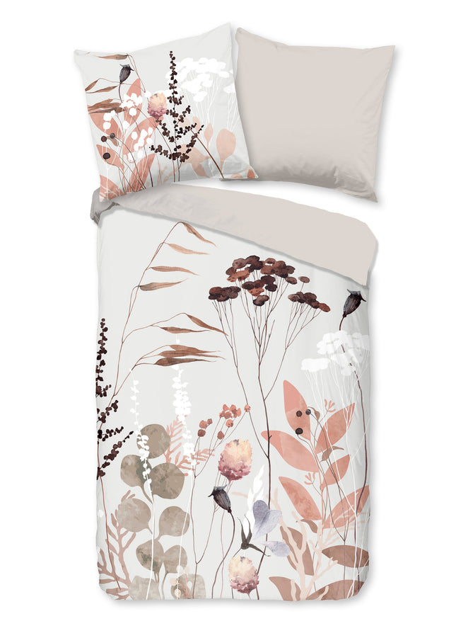 Cheqo® Dekbedovertrek 140x200/220 cm - Bloemen en Bladeren Print - Grijs - 1 Persoons - 100% Katoen - Oeko-Tex Gecertificeerd