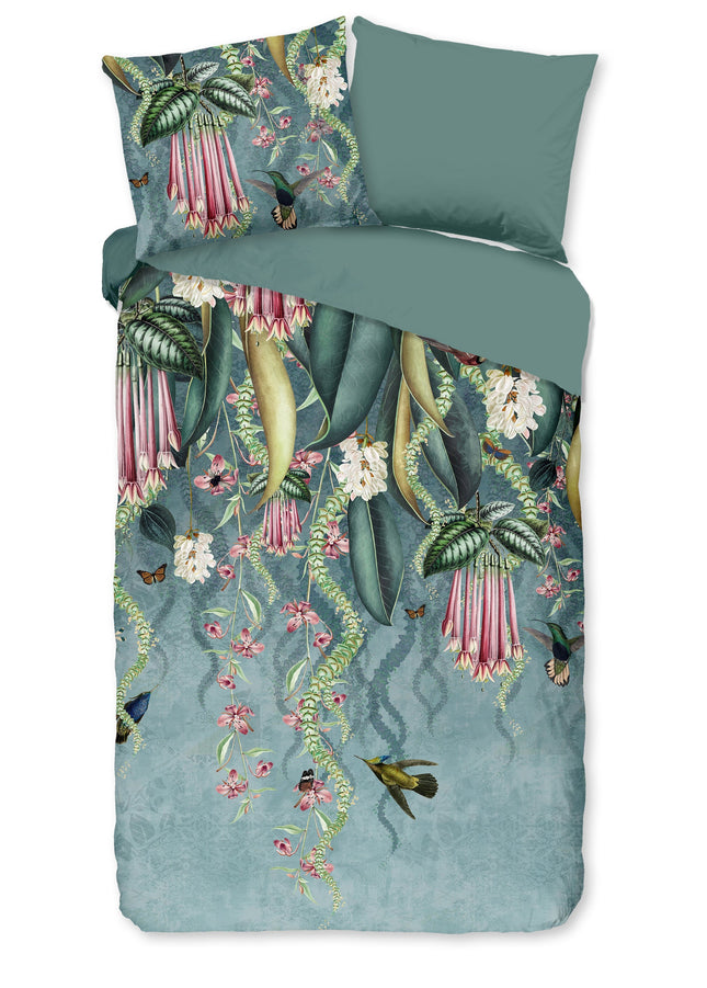 Cheqo® Dekbedovertrek 140x200/220 cm - Bloemen en Bladeren Print - Groen/Multicolor - 1 Persoons - Microfiber - Oeko-Tex Gecertificeerd