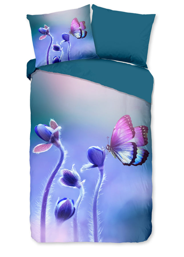 Cheqo® Dekbedovertrek 140x200/220 cm - Bloemen en Vlinder Print - Multi - 1 Persoons - Microfiber - Oeko-Tex Gecertificeerd