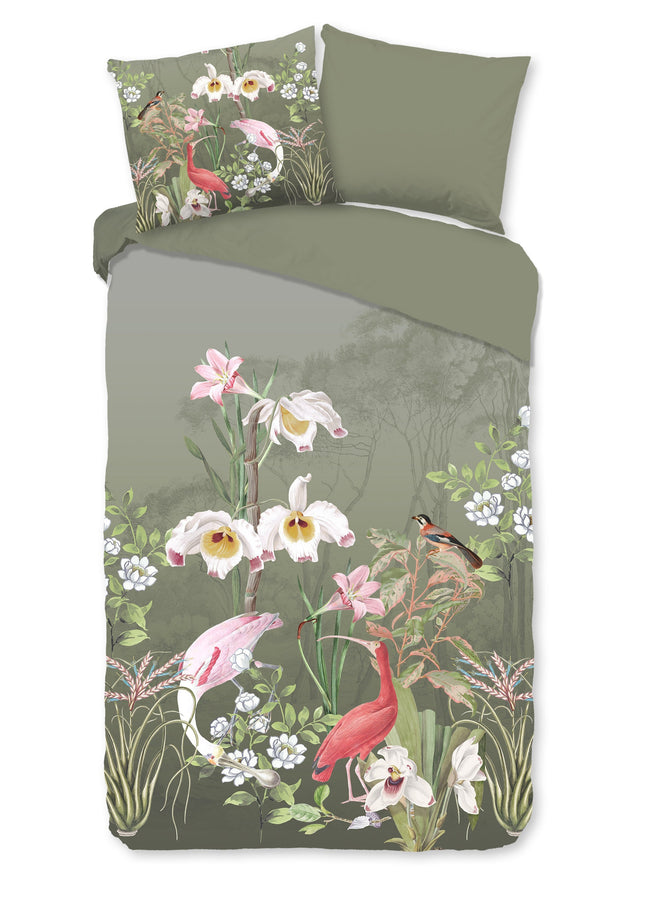 Cheqo® Dekbedovertrek 140x200/220 cm - Bloemen en Vogels Print - Groen - 1 Persoons - 100% Katoen - Oeko-Tex Gecertificeerd