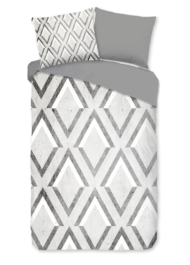 Cheqo® Dekbedovertrek 140x200/220 cm - Grafische Print - Grijs/Wit - 1 Persoons - 100% Katoen - Oeko-Tex Gecertificeerd