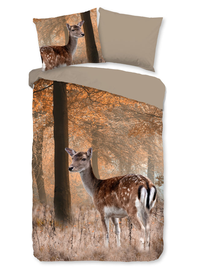Cheqo® Dekbedovertrek 140x200/220 cm - Hert in het Bos Print - Bruin - 1 Persoons - 100% Katoen - Oeko-Tex Gecertificeerd