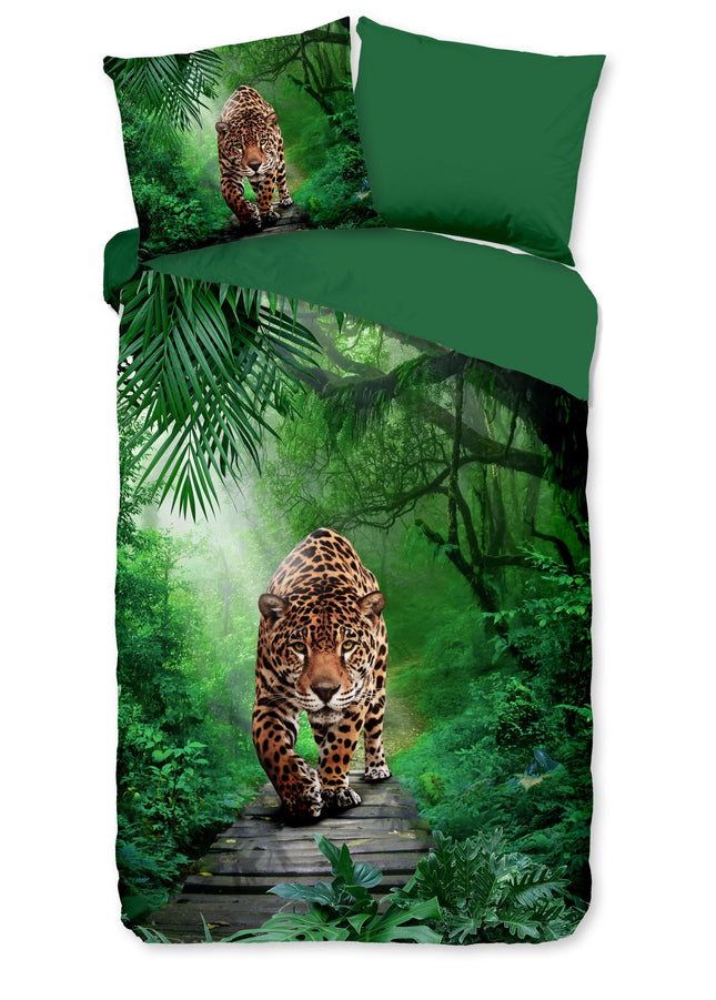 Cheqo® Dekbedovertrek 140x200/220 cm - Luipaard en Jungle Print - Groen - 1 Persoons - Microfiber - Oeko-Tex Gecertificeerd
