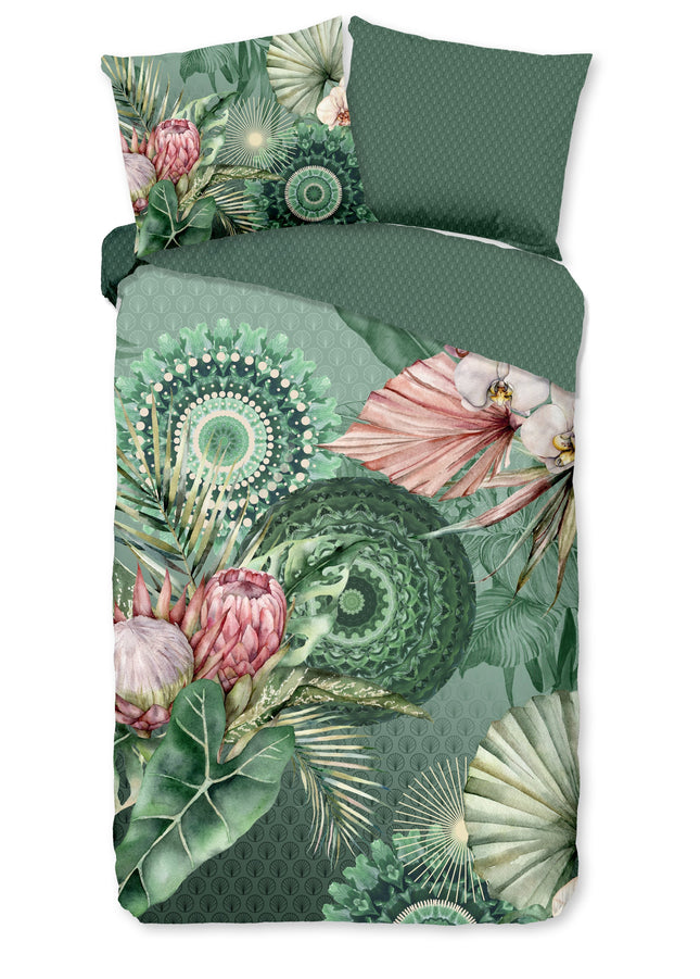 Cheqo® Dekbedovertrek 140x200/220 cm - Mandala's en Bloemen Print - Groen/Roze - 1 Persoons - 100% Katoen Flanel