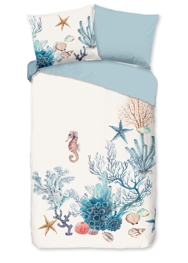Cheqo® Dekbedovertrek 140x200/220 cm - Maritiem Ontwerp met Zeepaardjes en Koraal - Wit/Blauw - 1 Persoons - 100% Katoen