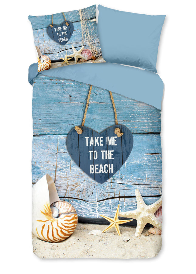 Cheqo® Dekbedovertrek 140x200/220 cm - Strand en Zee Print - Blauw/Beige - 1 Persoons - Microfiber